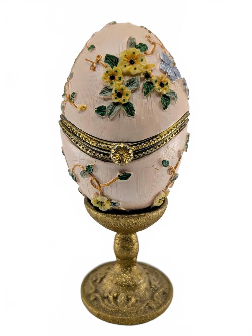 Vintage My Treasure Hand Painted Porcelain Jeweled Egg Trinket Box Pedestal